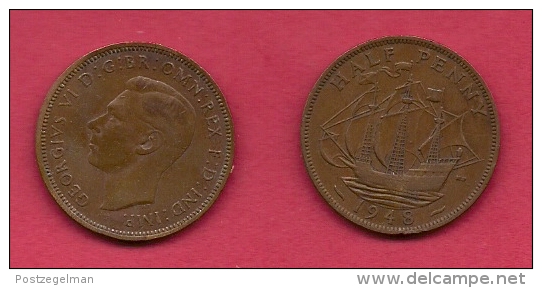 UK, 1948, Very Fine Used Coin, 1/2 Penny, George VI, Bronze, KM 844, C2178 - C. 1/2 Penny