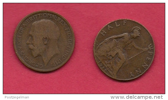 UK, 1919, Very Fine Used Coin, 1/2 Penny, George V, Bronze,  , KM 809,  C2220 - C. 1/2 Penny