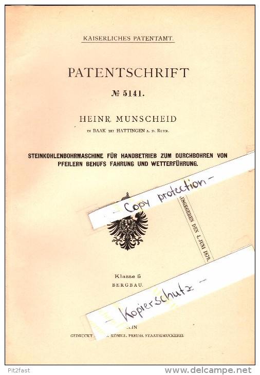 Original Patent - Heinrich Munscheid In Baak B. Hattingen A.d. Ruhr , 1879 , Steinkohle-Bohrmaschine , Bergbau !!! - Hattingen