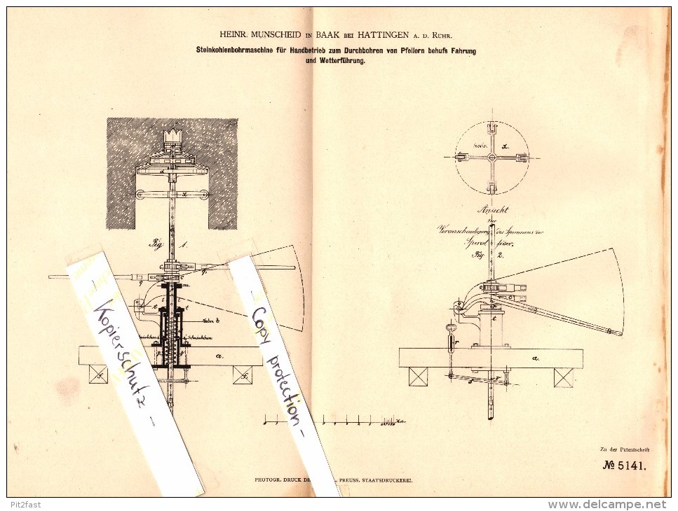 Original Patent - Heinrich Munscheid In Baak B. Hattingen A.d. Ruhr , 1879 , Steinkohle-Bohrmaschine , Bergbau !!! - Hattingen