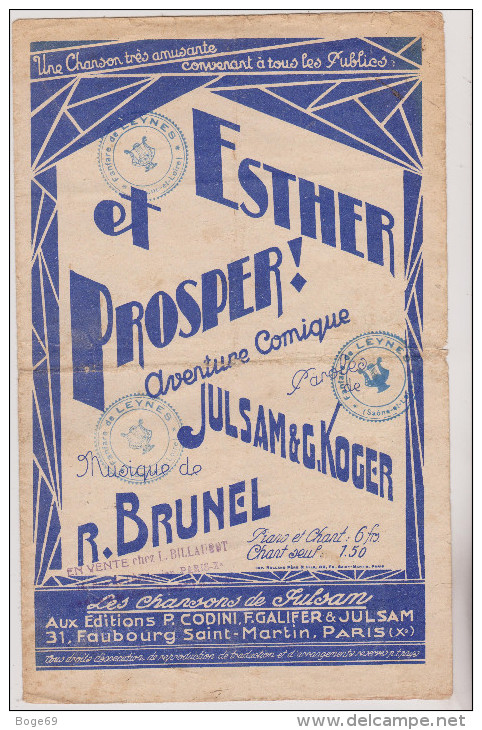 (JU)Esther Et Prosper, Paroles : JULSAM &G KOGER, Musique : R BRUNEL - Partitions Musicales Anciennes