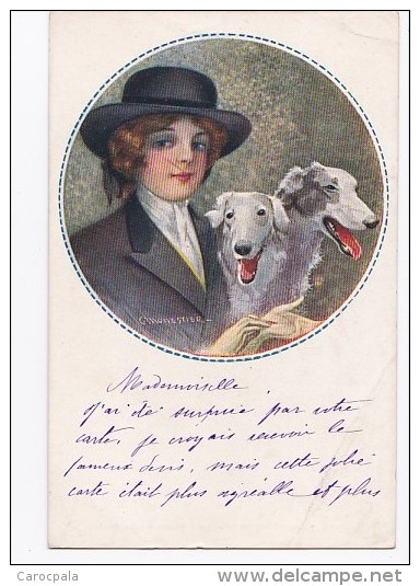 Carte 1910 Signée Monestier : Femme Et Chiens ( Lévrier ?) - Monestier, C.
