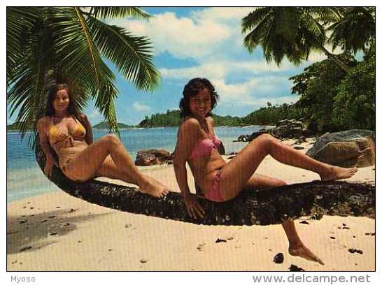 Seychelles PORT GLAUD, Jeunes Femmes En Bikini Sur Tronc De Palmier - Seychelles