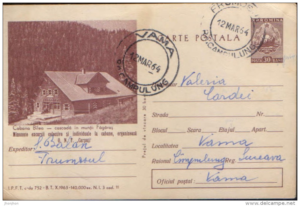 Romania - Postal Stationery Postcard 1963 Used - Chalet, Balea Waterfall In Fagaras Mountains - Hôtellerie - Horeca