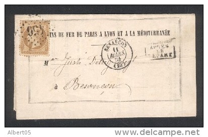 PLM  Gare De Besançon-Cachet Linéaire -  Bordereau De Livraison Avec GC 456 Sur Napoléon 10c Bistre 1864 - Poste Ferroviaire