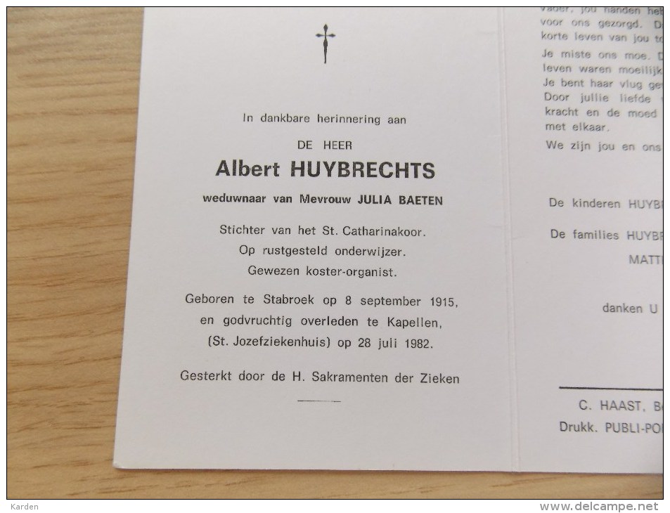 Doodsprentje Albert Huybrechts Stabroek 8/9/1915 Kapellen 28/7/1982 ( Julia Baeten ) - Religión & Esoterismo