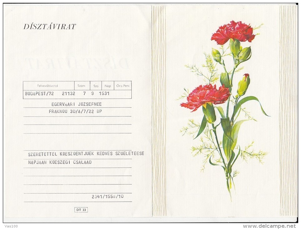 FLOWERS, CARNATIONS, LUXURY TELEGRAMME, A5 FORMAT, HUNGARY - Télégraphes