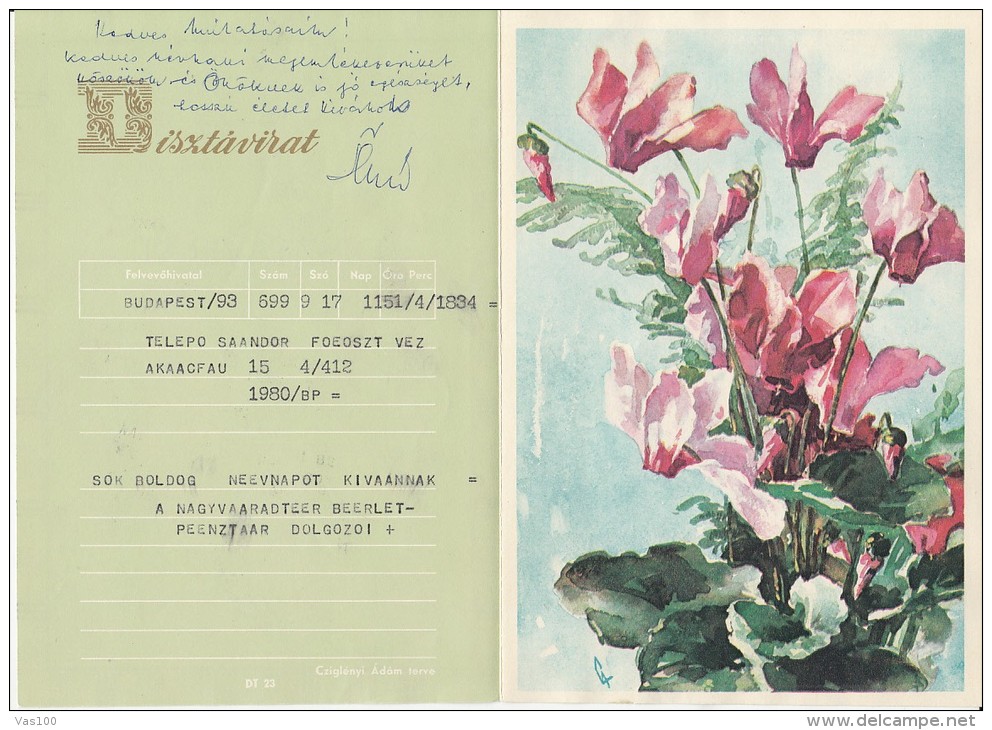 FLOWERS, CYCLAMENS, LUXURY TELEGRAMME, A5 FORMAT, 1980, HUNGARY - Telegraphenmarken