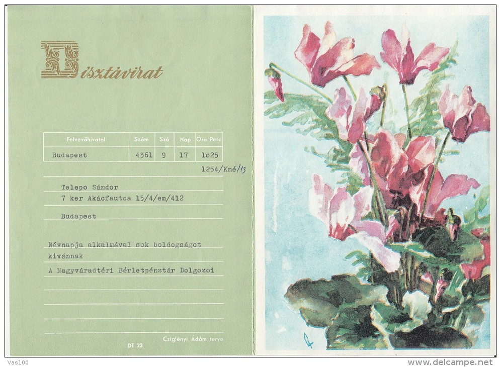 FLOWERS, CYCLAMENS, LUXURY TELEGRAMME, A5 FORMAT, HUNGARY - Télégraphes