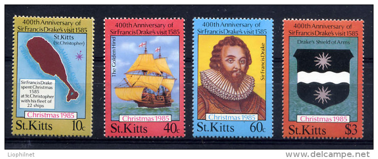 St. KITTS 1985, NOEL, SIR F. DRAKE, VOILIER, CARTE, ARMOIRIES, 4 Valeurs, Neufs / Mint. R128 - St.Kitts En Nevis ( 1983-...)
