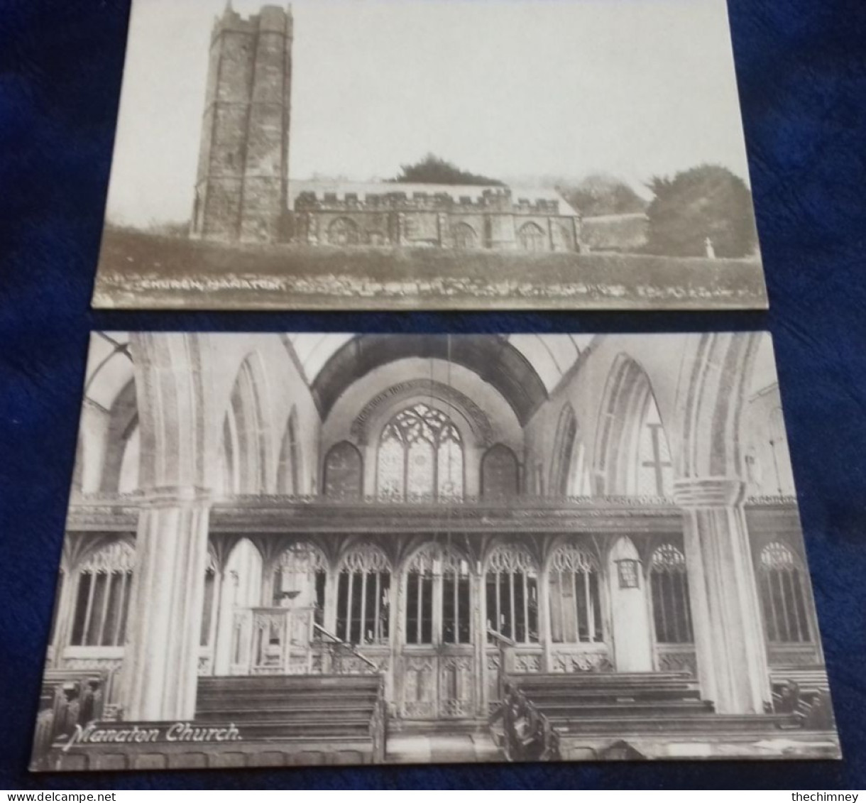 TWO OLD POSTCARDS OF St Winfreds Church Manaton Dartmoor Devon INTERIOR & EXTERIOR - Andere & Zonder Classificatie