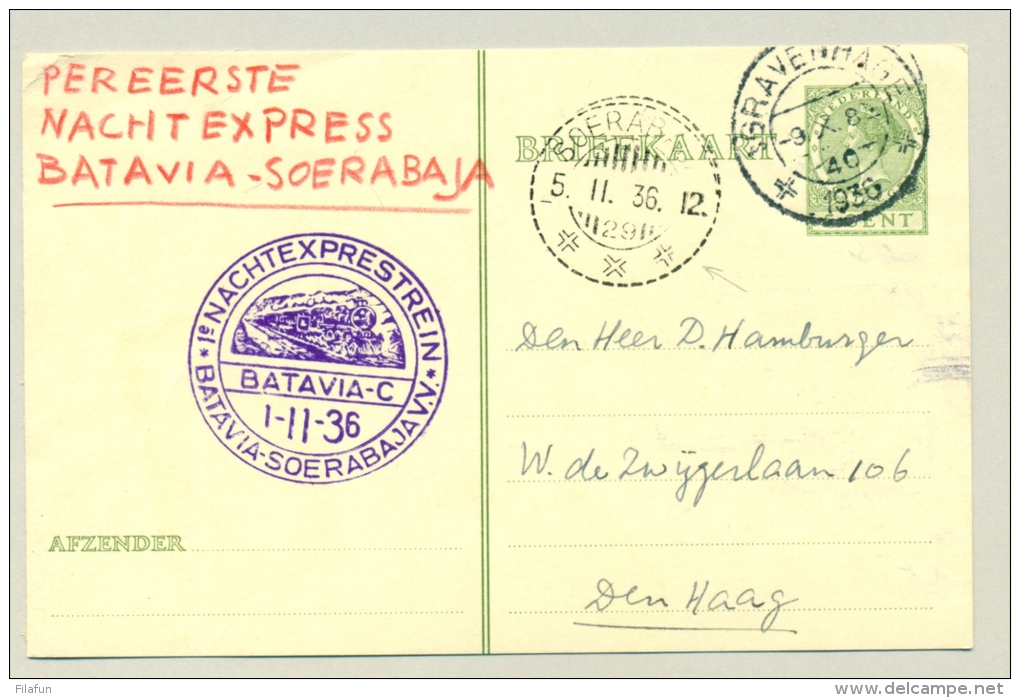 Nederlands Indië - 1936 - 1e Nachtexprestrein Batavia-Soerabaja Op NL Briefkaart - Nederlands-Indië