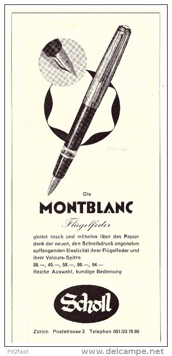 Original Werbung - 1959 - Montblanc , Flügelfeder , Federhalter , Scholl , Zürich !!! - Schreibgerät