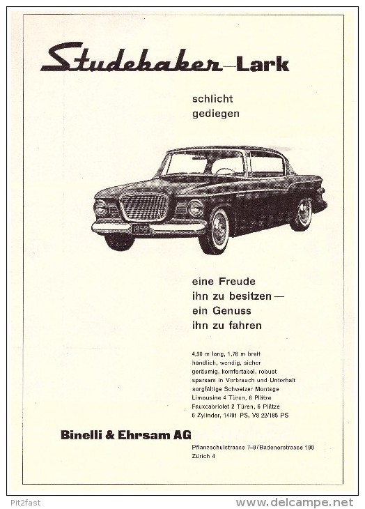 Original Werbung / Reklame - 1959 - Studebaker Lark , Binelle & Ehrsam AG In Zürich ,  A4 Seite  !!! - Voitures