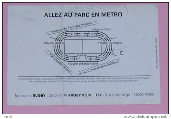 BILLET RUGBY MATCH FRANCE-GALLES - PARC DES PRINCES 15 FEVRIER 1997 - FEDERATION FRANCAISE DE RUGBY - Rugby