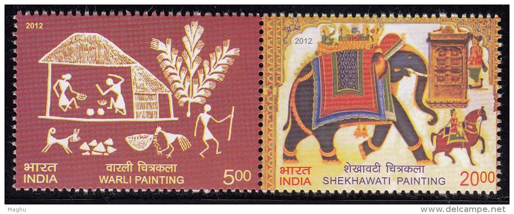 India MNH 2012, Se-tenent, Shekhawati &amp; Warli Art Painting, Elephant, Horse, Dog, Etc - Neufs