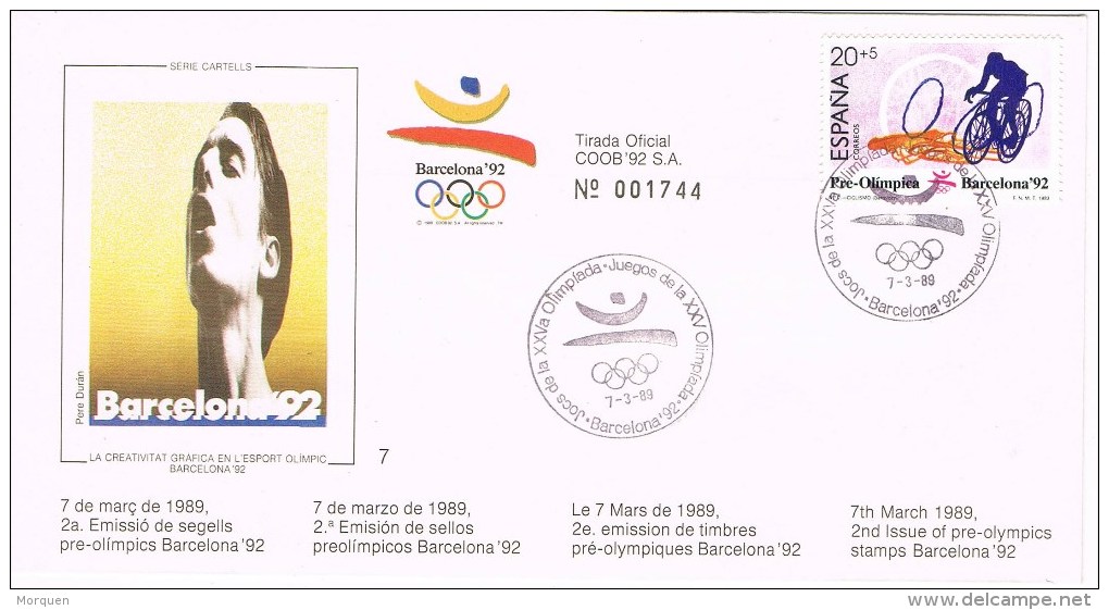 12145. Carta BARCELONA 1989. Barcelona 92 Olimpiadas, Preolimpico. Ciclismo. PERE DURAN - Cartas & Documentos