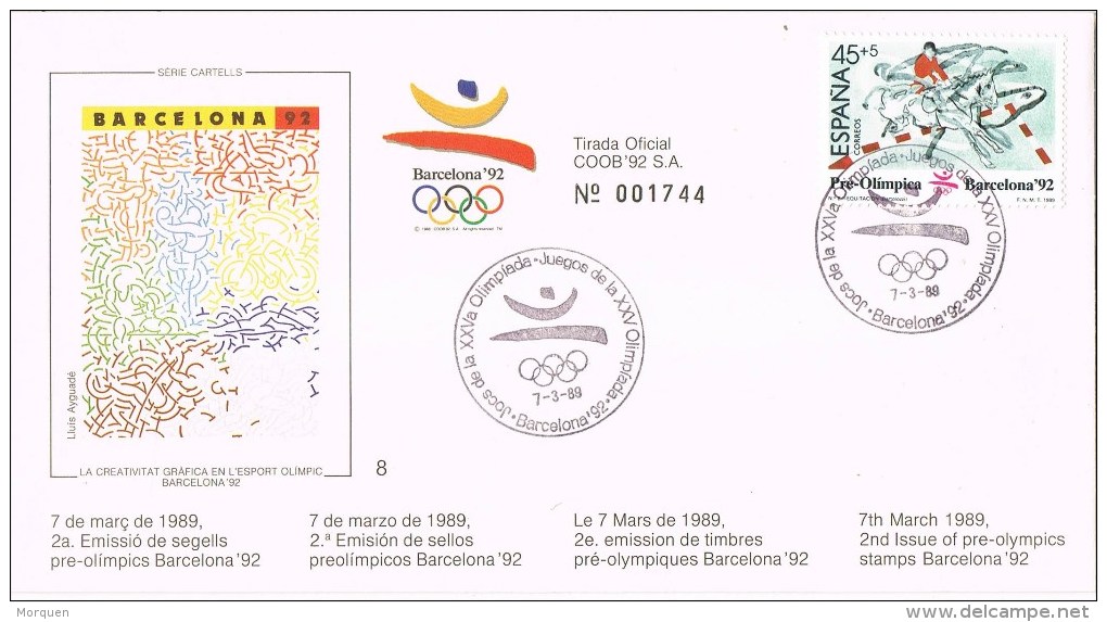 12146. Carta BARCELONA 1989. Barcelona 92 Olimpiadas, Preolimpico. Hipica - Cartas & Documentos