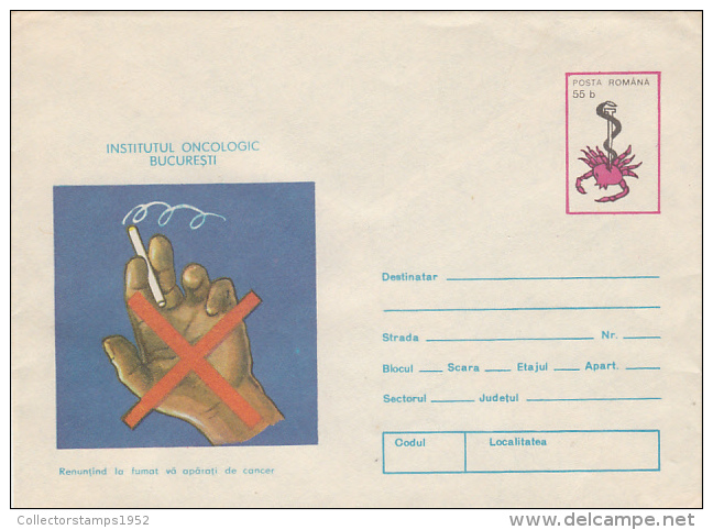 14935- CANCER, BUCHAREST ONCOLOGY INSTITUTE, NO SMOKING, COVER STATIONERY, 1980, ROMANIA - Krankheiten