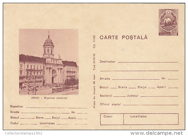 14940- TRAM, TRAMWAY, ARAD SQUARE, CHURCH, POSTCARD STATIONERY, 1976, ROMANIA - Tramways