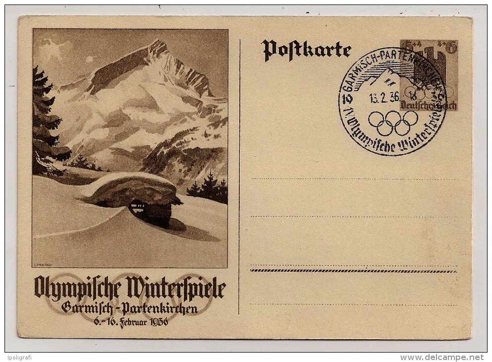 Deutsches Reich, Winter Games, Garmisch-Partenkirchen, Postcard, Special Cancellation, 13-2-36 - Winter 1936: Garmisch-Partenkirchen