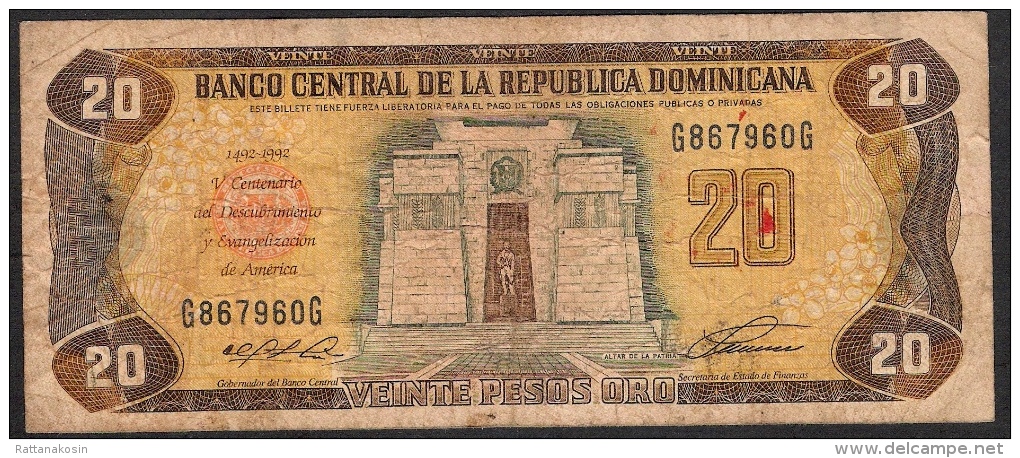 DOMINICAN REPUBLIC  P139a  20 PESOS ORO 1992 #G/G      FINE - Dominicana
