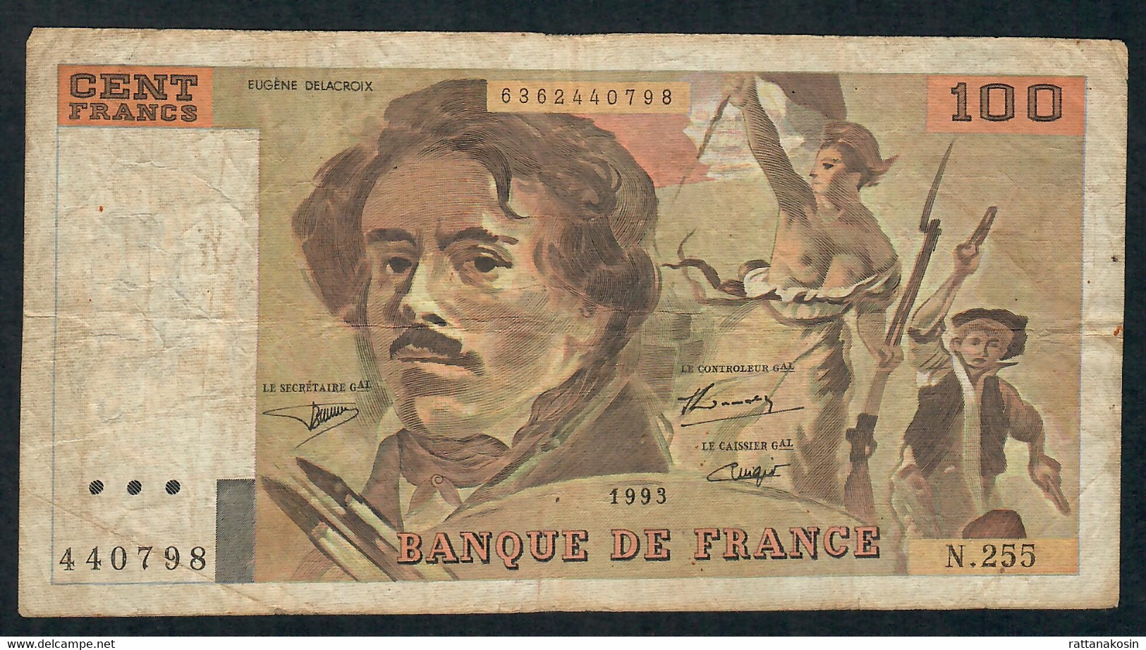 FRANCE P154g 100 FRANCS  1993 DELACROIX Alphabet 255  FINE - 100 F 1978-1995 ''Delacroix''