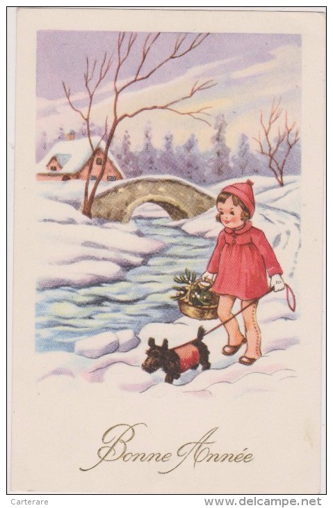 Carte ,bonne Année,chien,chienne,dog,fille,enfant,neige épaisse,pont - Chiens