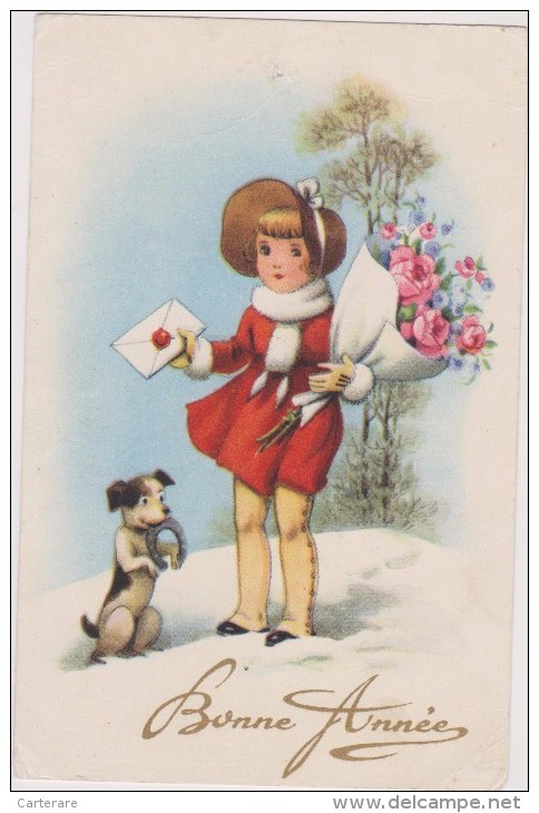 Carte Ancienne 1942 ,bonne Année,chien,chienne,dog,fille,enfant,neige épaisse,lettre Avec Cire,fer à Cheval - Hunde