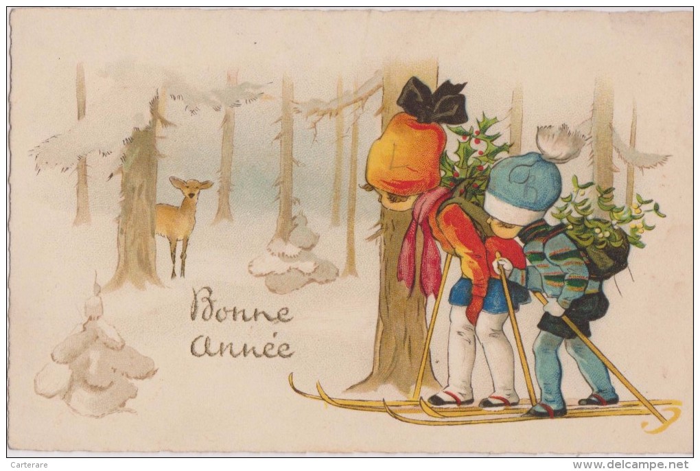 Carte De Bonne Année,1955,biche,enfant Skieur,ski,foret,neige,observateur - Sonstige & Ohne Zuordnung