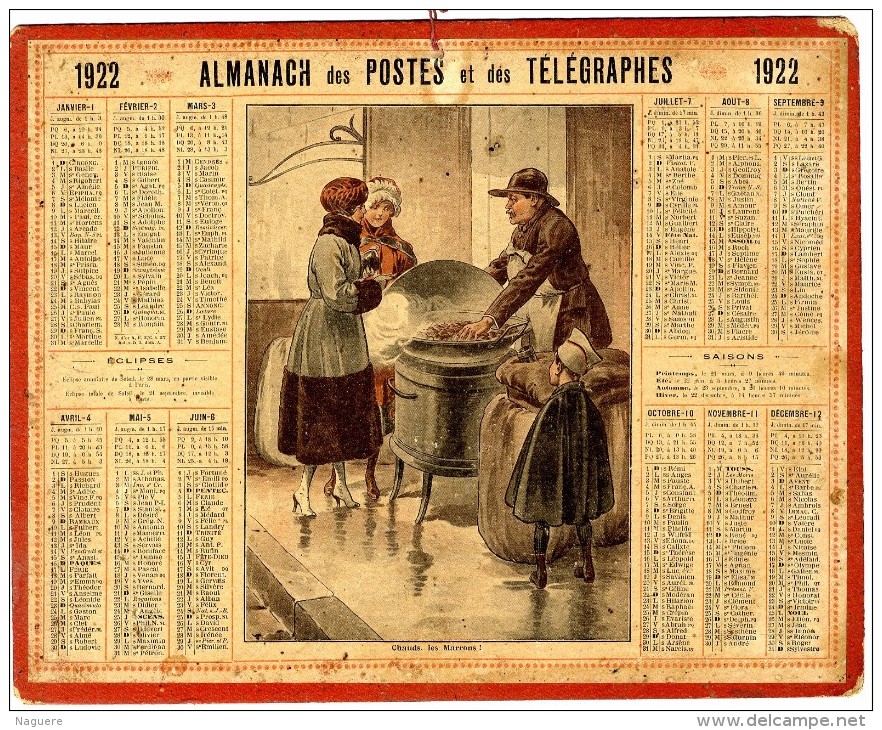 CHAUDS LES MARRONS   CALENDRIER ORIGINAL 1922   BELLE ILLUSTRATION   -  FEUILLET DPT 37 - Big : 1921-40