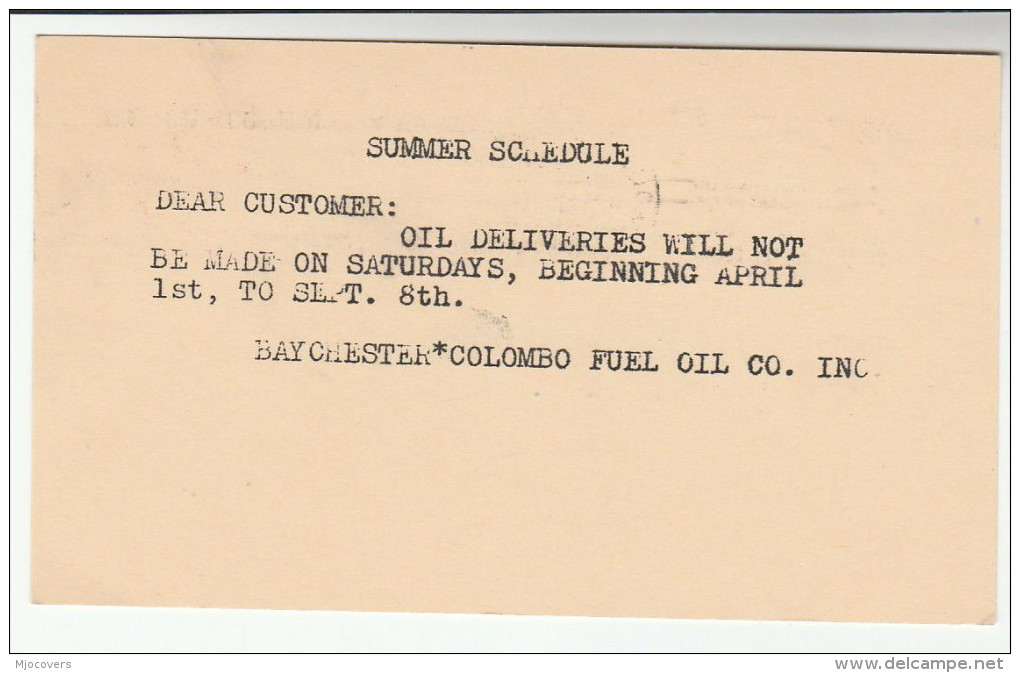 1952 BAYCHESTER COLUMBO FUEL OIL Co DELIVERIES United States Mount Vernon USA POSTAL STATIONERY Card  Stamps Cover - Oil