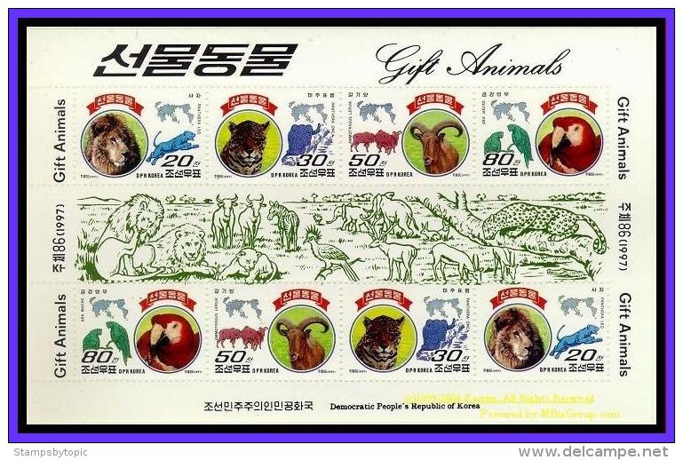PDR Korea 1997 Sc#3673a Gift Animals M/S Of 2x Sets Of 4v Mnh &#8234;Lion, Sheep, Jaguar, Macaw, Birds, Cats - Félins