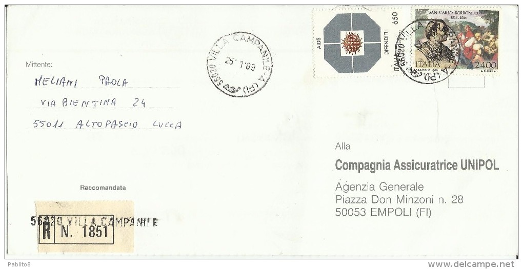 ITALIA REPUBBLICA LETTERA PUBBLICITARIA  25 - 1 - 1989 SAN CARLO BORROMEO DEL 1988 + LOTTO CONTRO L'ADIS RACCOMANDATA - 1981-90: Storia Postale