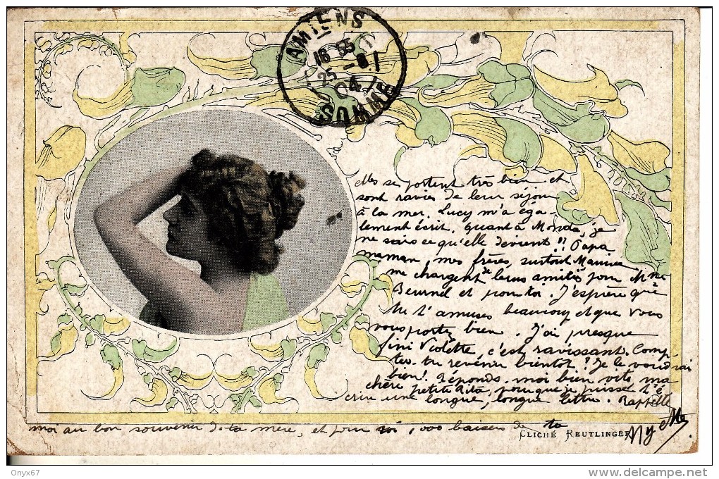 Carte Postale Fantaisie Avec Portrait FEMME Avec Décor Fleur-Plante- Photo Cliché De REUTLINGER - Artisti