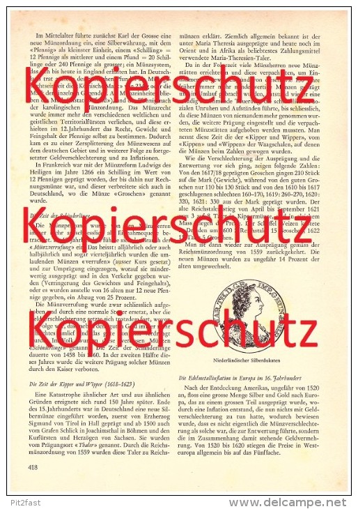 großer Zeitungsbericht - 1959 - Geschichte des Geldes , Münzen , Herstellung , Graubünden , Silbermünzen , Gold , Geld !