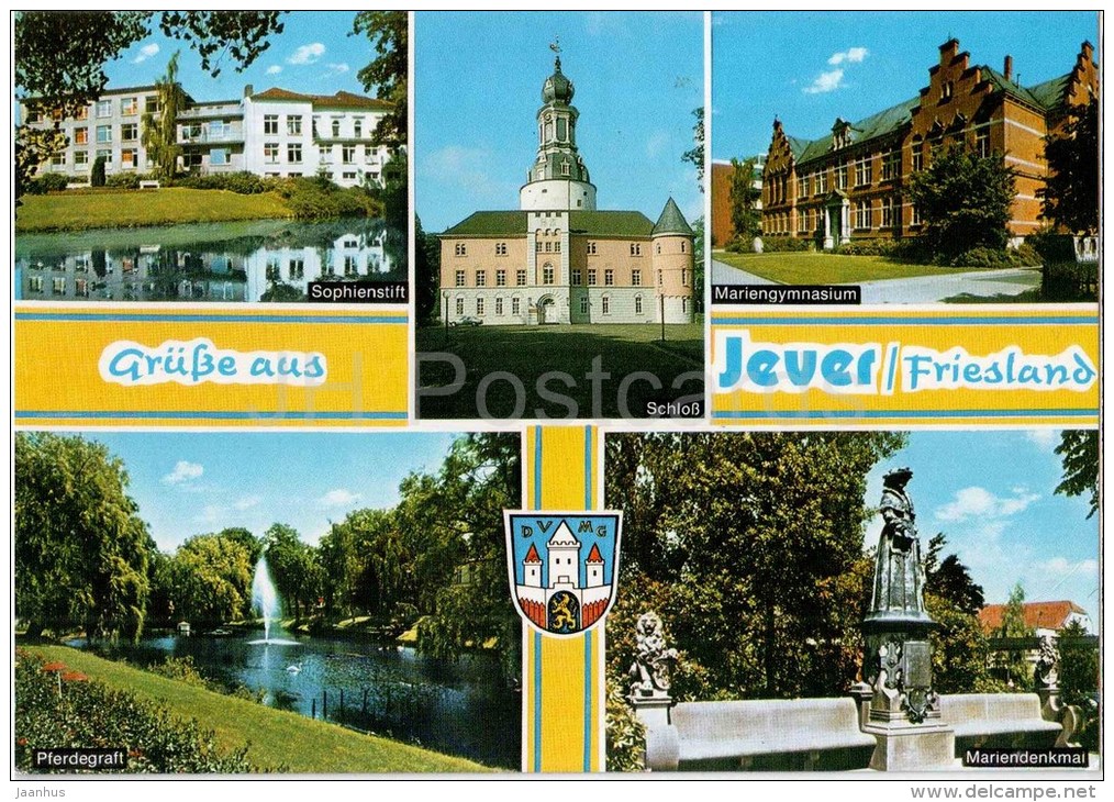Grüss Aus Jever , Friesland - Sophienstift - Mariengymnasium - Pferdegraft - Mariendenkmal - Germany - 1990 Gelaufen - Jever