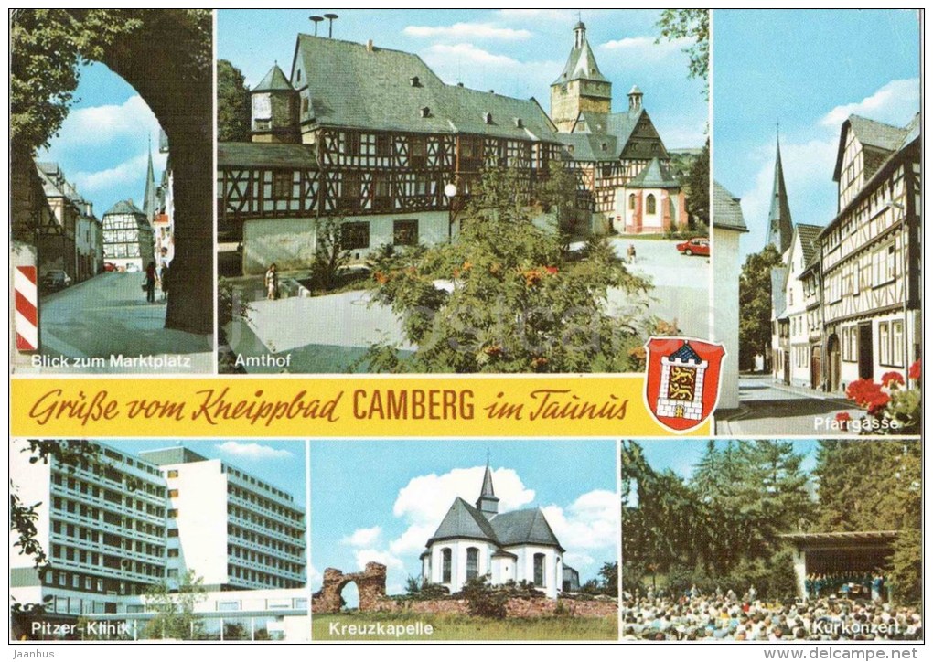 Grüsse Vom Kneippbad Camberg Im Taunus - Martplatz - Amthof - Pfargasse - Kreuzkapelle - 6278 - Germany - 1975 Gelaufen - Bad Camberg