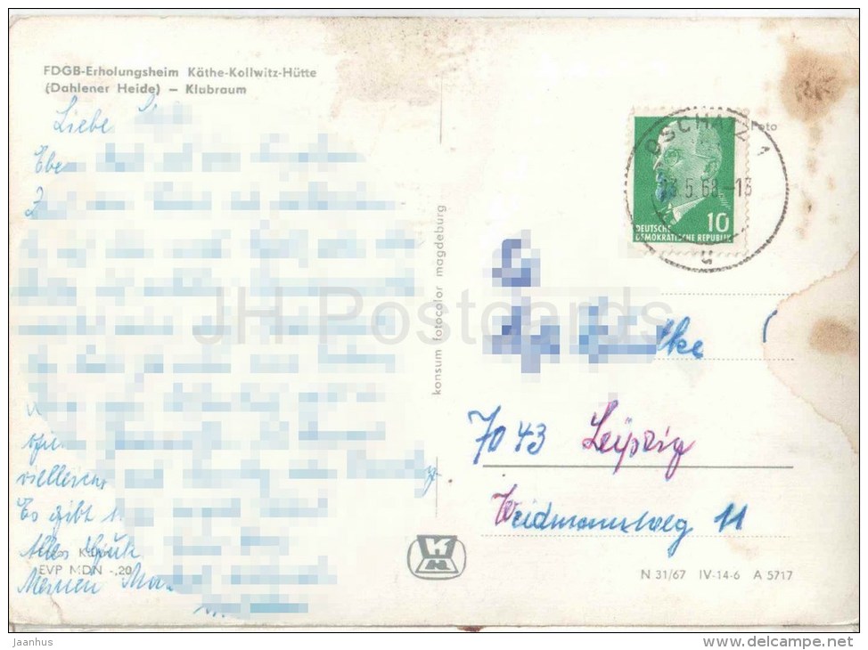 FDGB-Erholungsheim - Käthe-Kollowitz-Hütte - Klubraum - Germany - 1968 Gelaufen - Bad Schmiedeberg