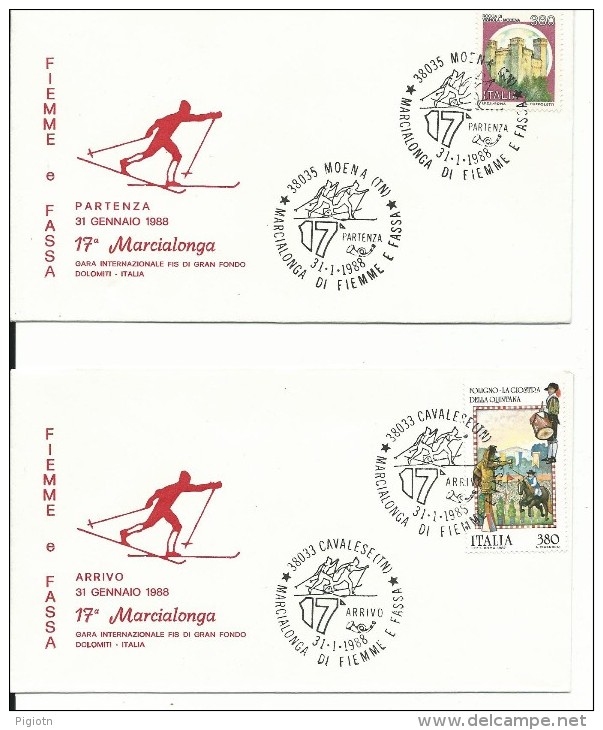MLO195-MARCOFILIA -2 ANNULLI MOENA E CAVALESE - 17^ MARCIALONGA - 31.1.1988 - TEMATICA SPORT - 1981-90: Storia Postale