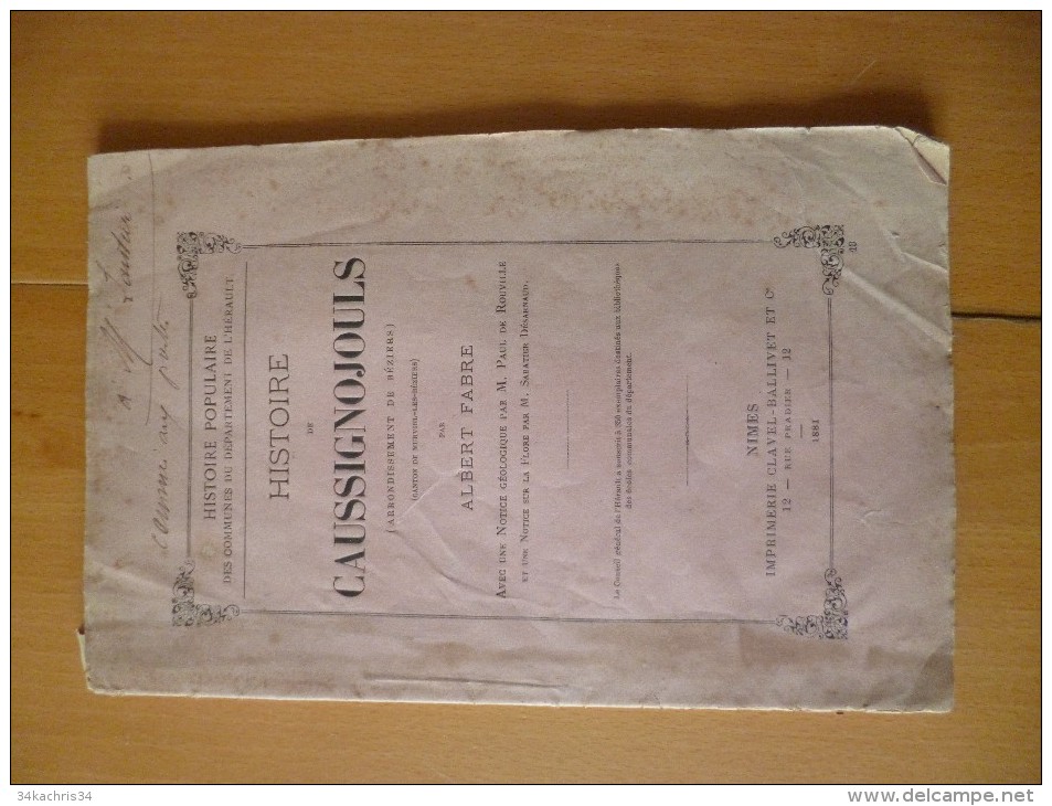 Rarissime Livre 1881 Broché Histoire De Caussignojouls. Albert Fabre.32 Pages - Languedoc-Roussillon