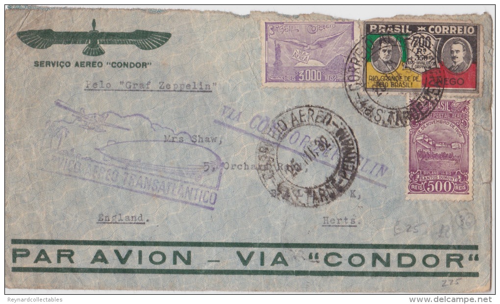 1932 Brazil Airmail Cover To UK Via Airship "Graf Zeppelin" Nice Illustrated Airship Cachet - Airmail