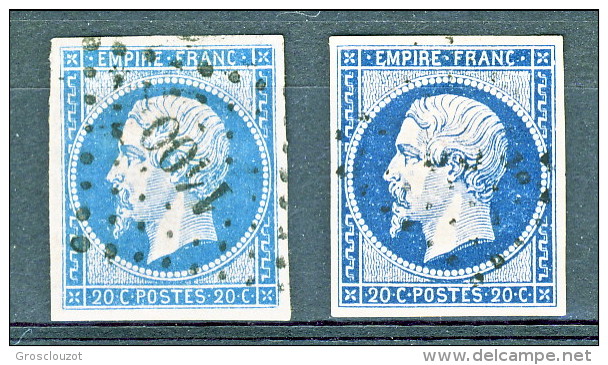 Francia 1854 Y&T N. 14 Napoleone III C. 20 Azzurro 2 Diverse Tonalità, Annullo Grosse Cifre (Epierre, Savoia) E  Piccole - 1853-1860 Napoleone III