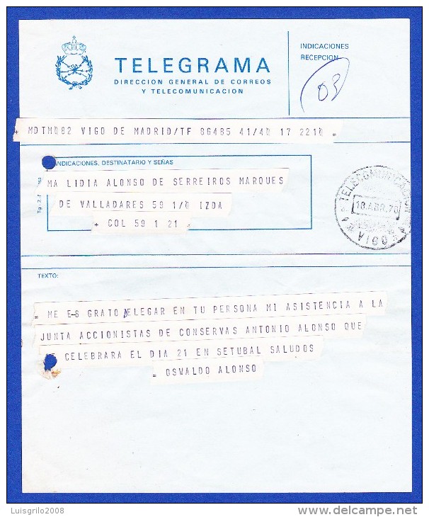 TELEGRAMA - CACHET - TELECOMUNICACION . VIGO - 18.ABR.1973 - Télégraphe