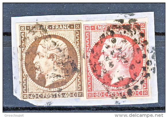 Francia 1854 Y&T Napoleone III VARIETA' N 17A C.80 Carminio + N. 16 C. 40 Ocra Scuro (non Catalogato) Frammento - 1853-1860 Napoleone III