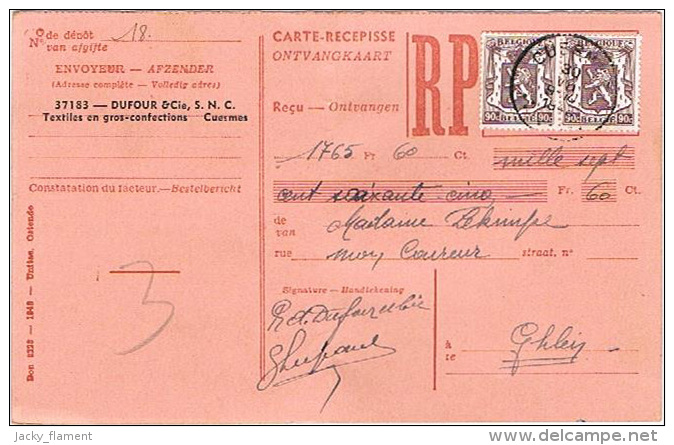 Cartes-récipissés (reçus) - Mons & Cuesmes Pour Paiement Textiles & Confections - 30/07/48 & 30/10/48 - 1900 – 1949