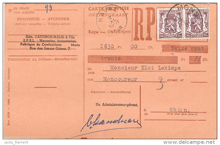 Cartes-récipissés (reçus) - Mons & Cuesmes Pour Paiement Textiles & Confections - 30/07/48 & 30/10/48 - 1900 – 1949