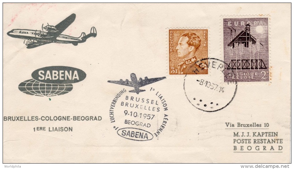 Belgium-Jugoslavia, Brussel-Beograd 1957 FFC / First Flight Cover "Sabena" SB 15 - Airplanes