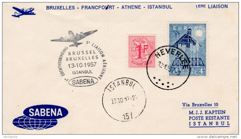 Belgium-Turkey, Brussel-Istanbul 1957 FFC / First Flight Cover "Sabena" SB 16 - Airplanes