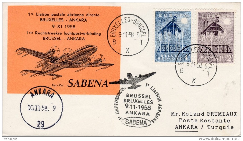 Belgium-Turkey, Brussel-Ankara 1958 FFC / First Flight Cover "Sabena" SB 18 - Airplanes